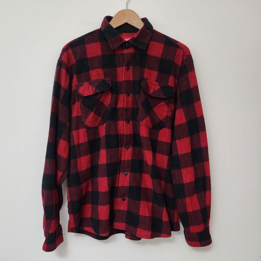 WRANGLER Men's Red Buffalo Plaid Fleece Button Up Long Sleeve Shirt Size L
